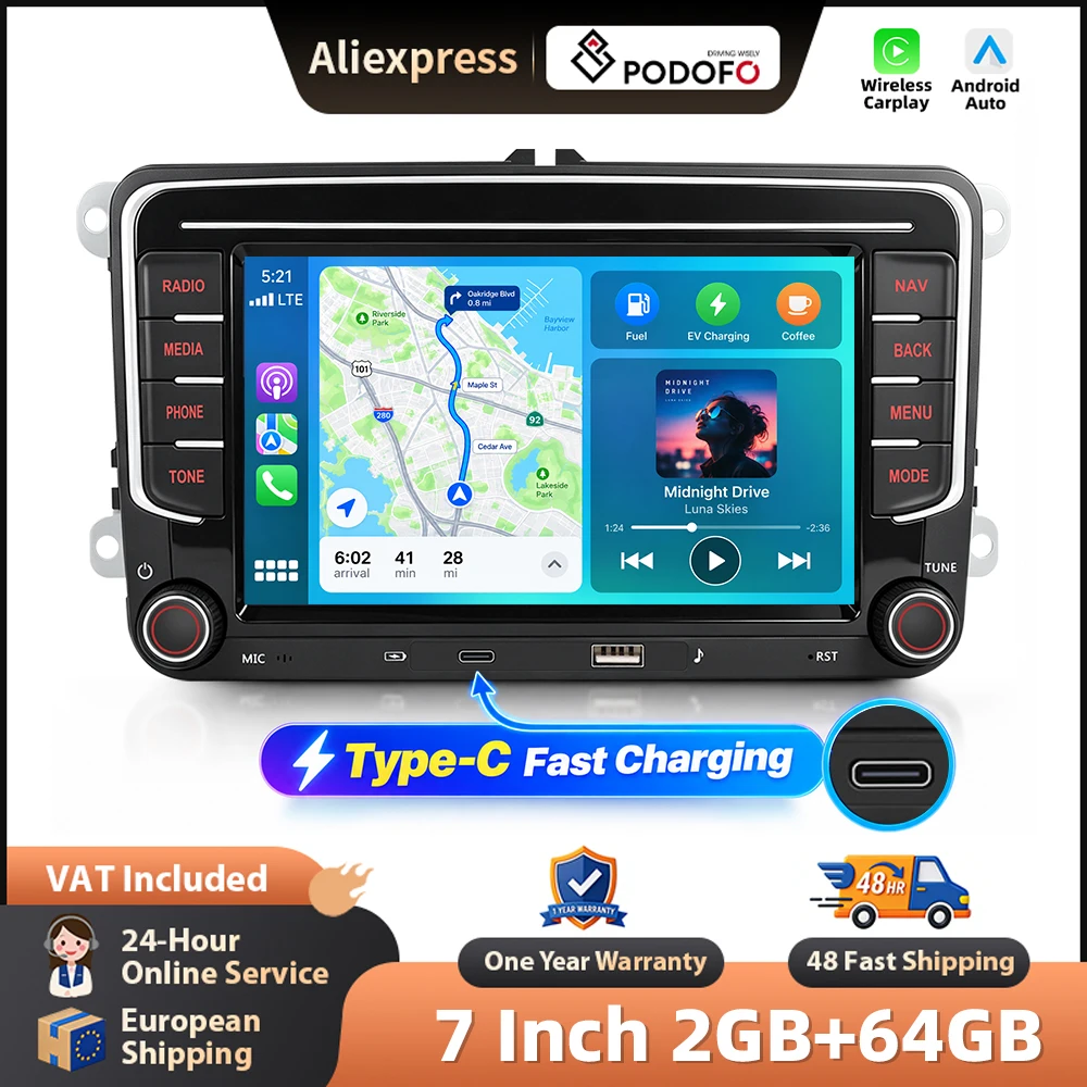 Podofo, autoradio da 7 pollici con Carplay wireless e Android Auto per VW, sistema di navigazione GPS, BT, FM/RDS, sistema intelligente per auto 2DIN, unità principale Plug&Play, controllo al volante