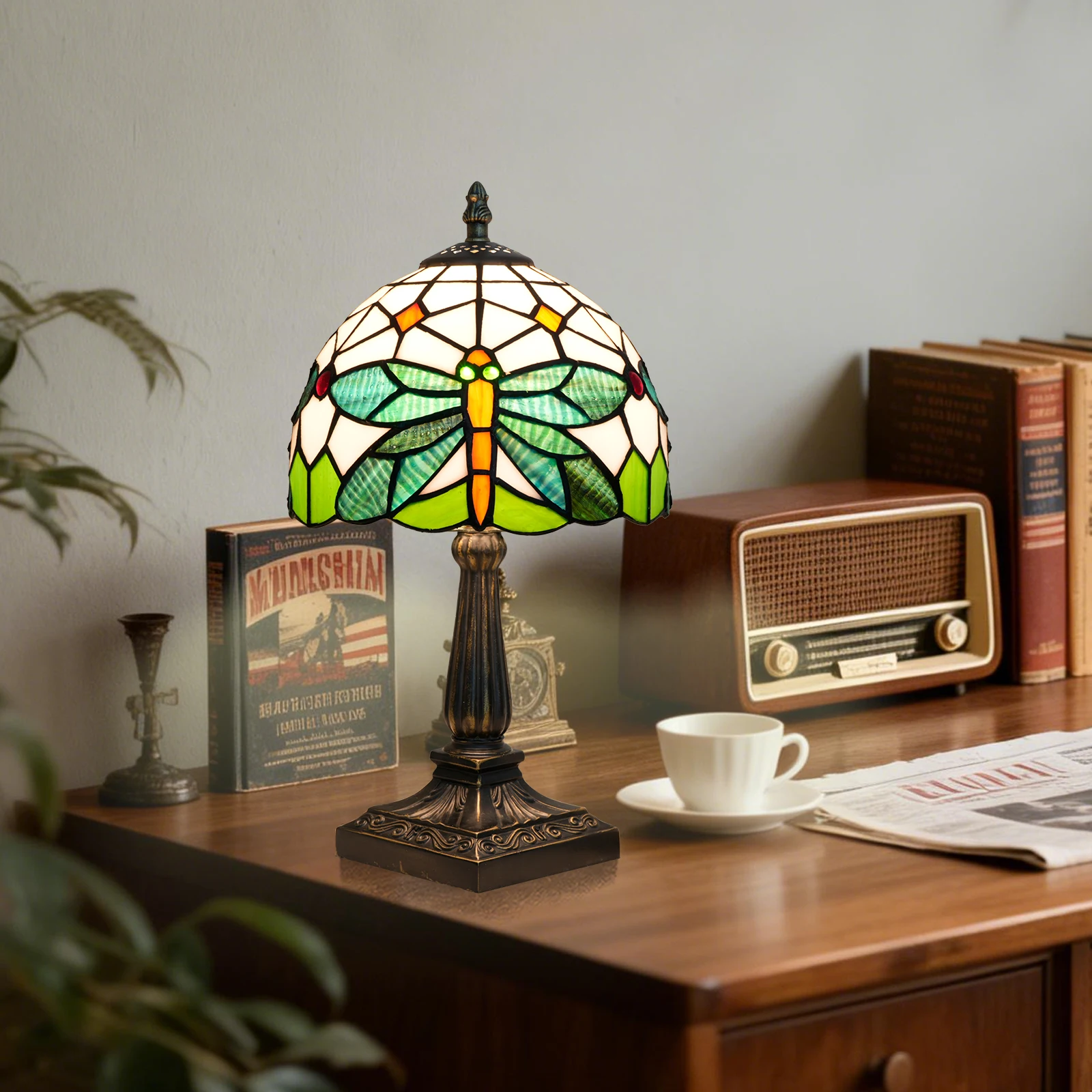 Retro Green Dragonfly Stained Glass Table Lamp 8 Inches Dragonfly Style Desk Reading Light Decor Beside Bedroom Living Room Home