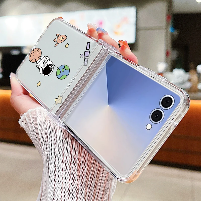 우주비행사 패턴 접이식 폰 케이스 삼성 갤럭시 Z 플립 7 6 5 4 3 5G 투명 하드 PC 커버 삼성 Z 플립4 플립6 플립5 용