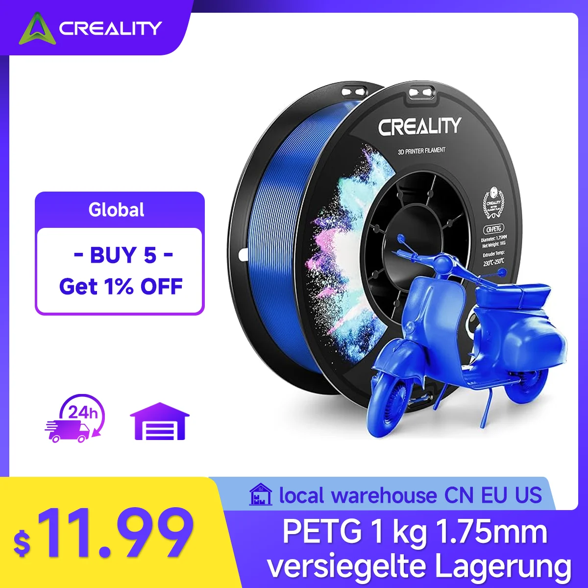 

Нить для 3D-принтера Creality PETG/PLA/ABS 1 кг 1 рулон 1 кг 1,75 мм цветной пластик без спутывания черный белый серый красный