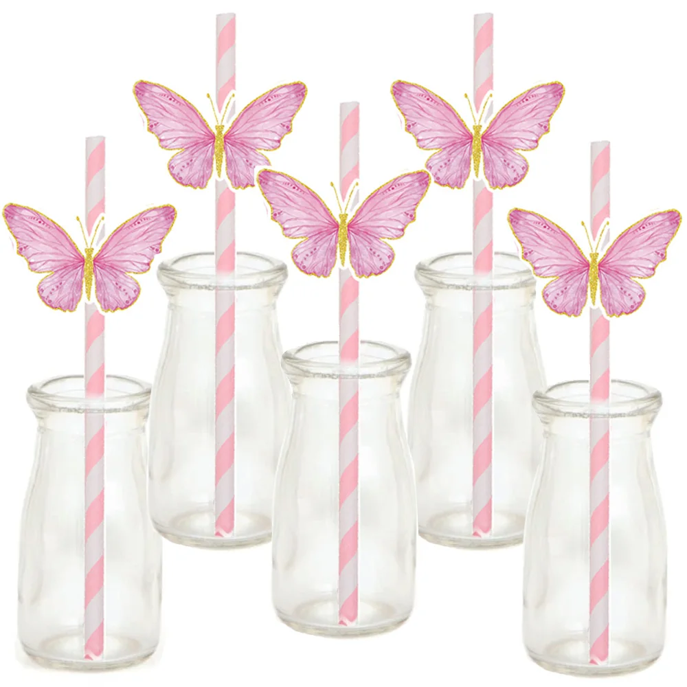 10/30/50pcs Butterfly Paper Straws Pink Butterfly Drinking Striped Straws Baby Shower Girls Birthday Party Wedding Decorations