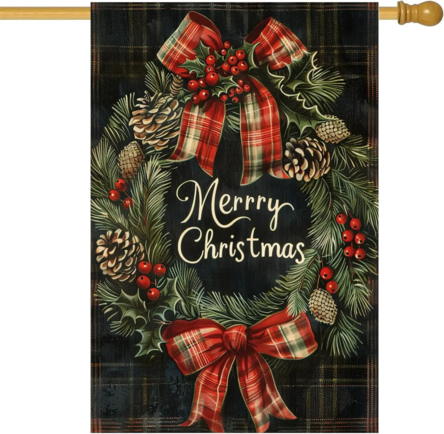 Merry Christmas Garden Flag Plaid Background Pinecone Berry House Flag 28 x 40 Inch Double Sided Large Yard Banners for Porc SSL