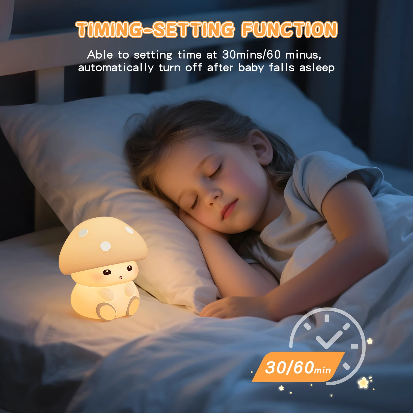 Lampka nocna w kształcie grzybka z dotykowym sterowaniem, 7 kolorów LED, 3 poziomy jasności, ładowana przez USB, silikonowa lampka dla dziewczynek