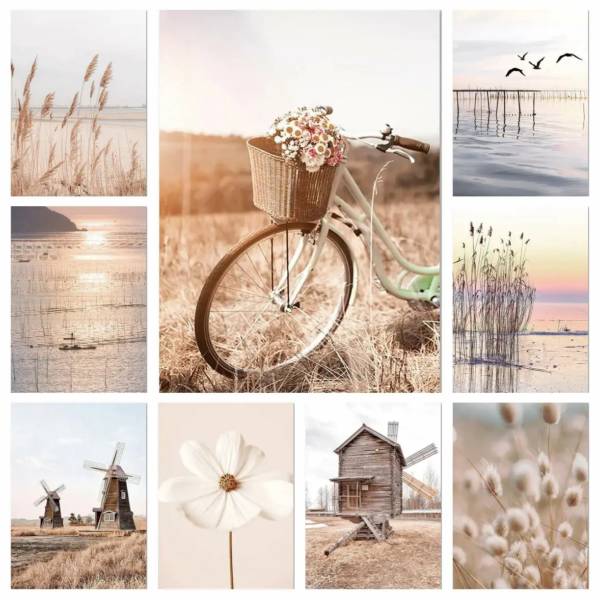 Beige Landscape Wall 5D DIY Diamond Painting Bike Hot Air Balloon Pictures Orchid Dandelion  Nordic Prints Bedroom Home Decor ﻿