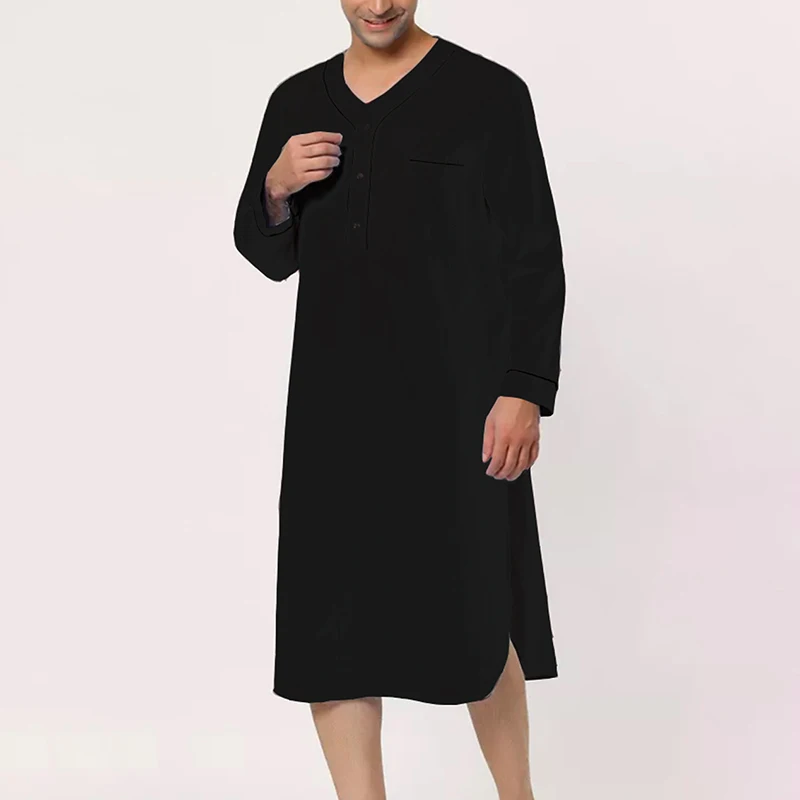 Robe de linho com decote em v masculino, enrolado, manga curta, sólido, vestido longo noturno, camisa solta casual, kaftan thobe com bolso