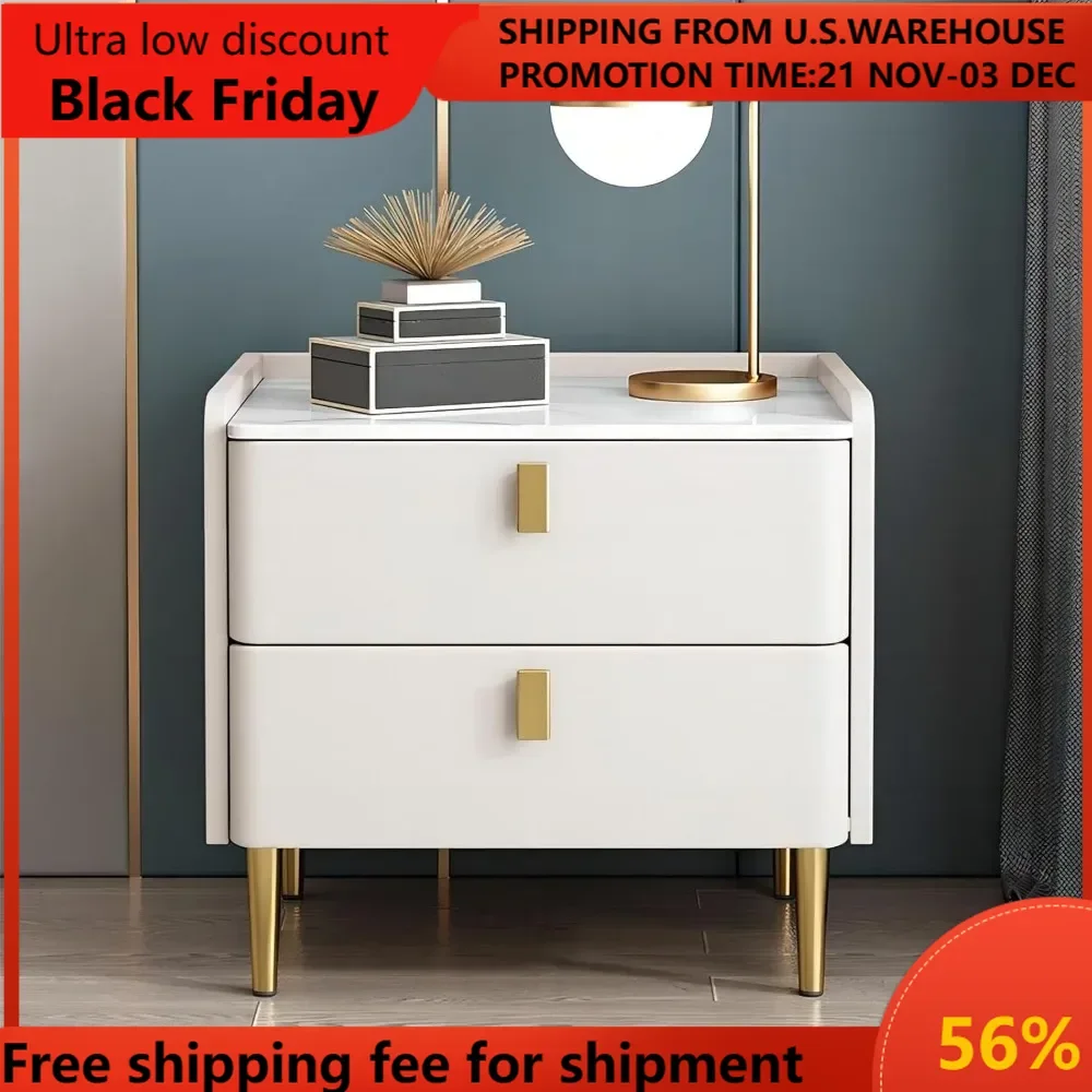 Mid Century Nightstand with White Stone Top ，Modern Bedside Table with Metal Handles, Bed End Table with 2 Drawer, Nightstand fo