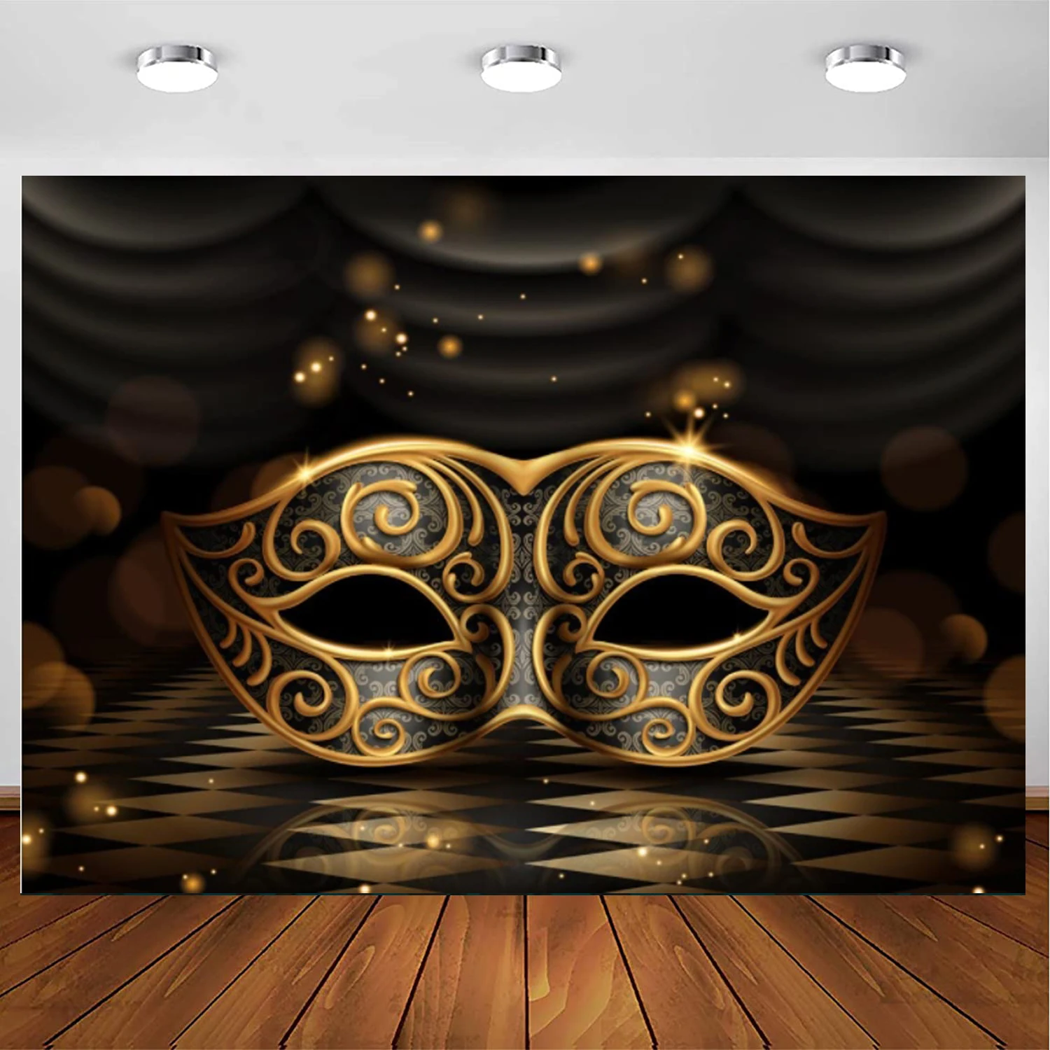 

Mardi Gras Photography Backdrop Carnival Masquerade Glossy Golden Mask Dark Retro Floor Stage Background For Party Decoration