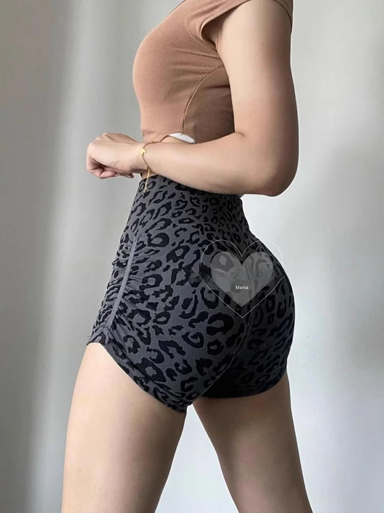 Treasure Girl Fitness Leopard Print Seamless Knitted Short Tight Pants High Waist Breathable Lightweight Yoga Gym Sports Shorts