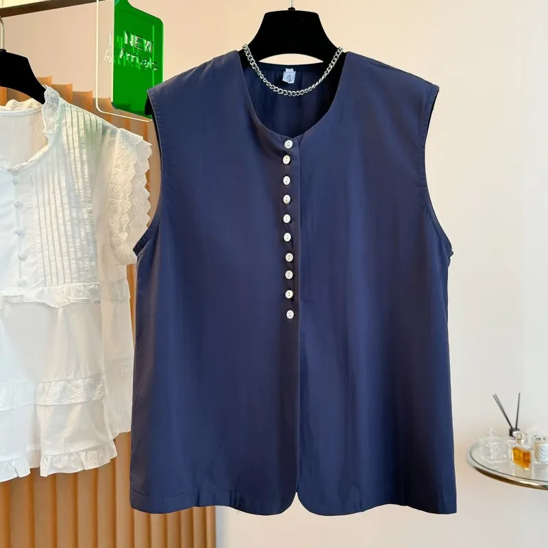 Solid Vest for Women Summer Korean Style Casual Loose Asymmetric Button Design Sleeveless Tanks O-neck Women Clothing Y2k Tops