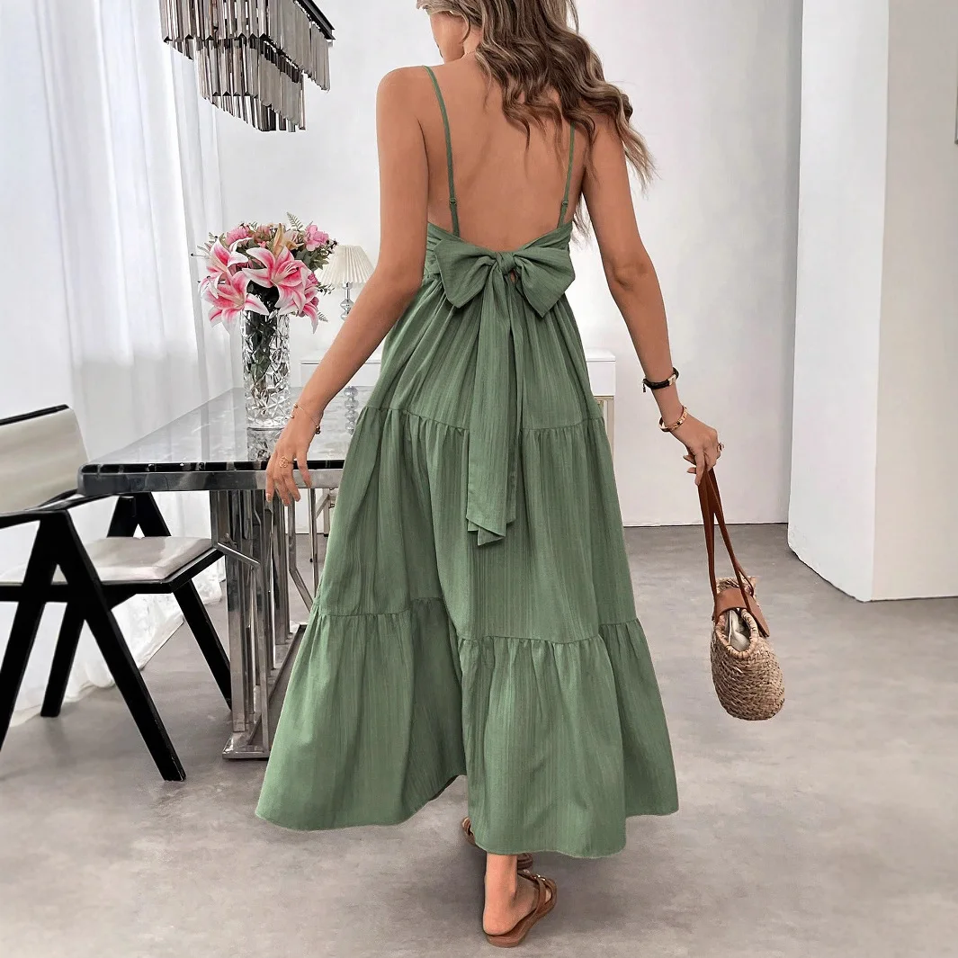 Vestidos de verano 2025 Vestidos básicos midi en capas con lazo liso y espalda descubierta con tirantes finos y cuello redondo para mujer
