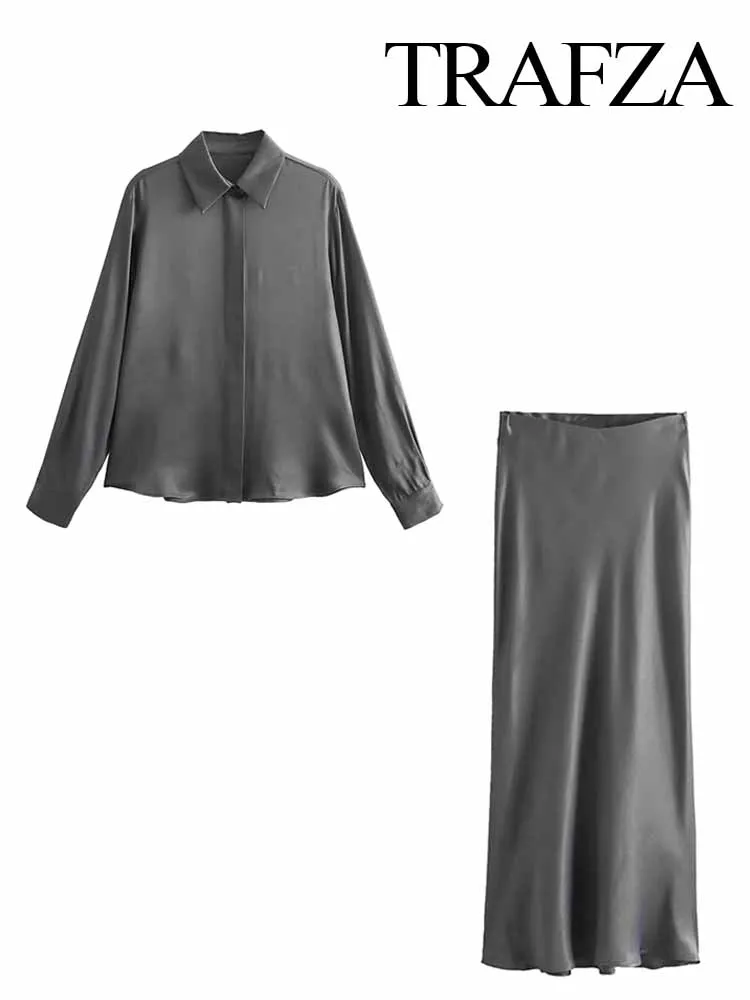 TRAFZA 2024 Fashion Women Lapel Hide Single-Breasted Long Sleeves Shirt Female Casual Chic Solid High-Waist Folds Mid-Calf Skirt