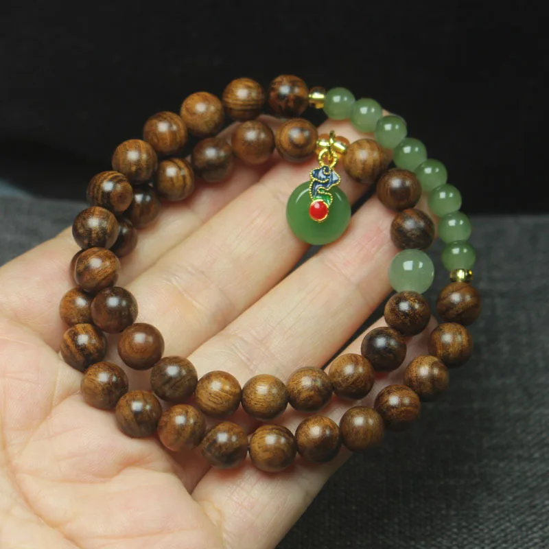 Black rosewood 8mm double-loop bracelet with peace pendant, women's decorative prayer beads and Buddhist beads jewelry