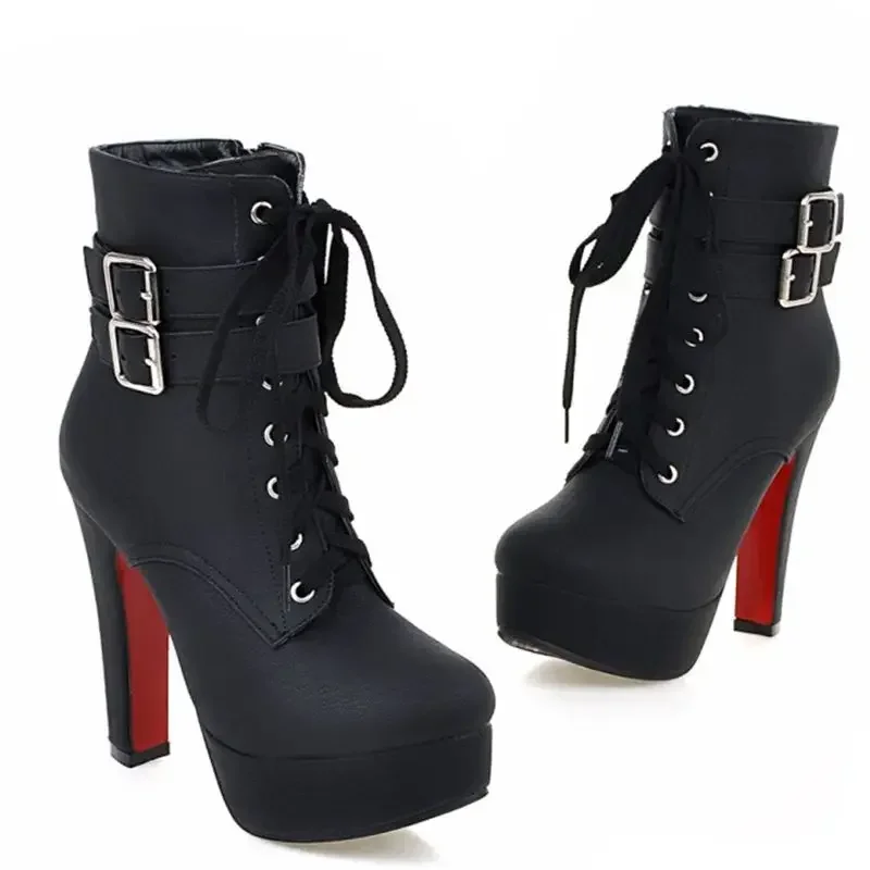 BLXQPYT Ankle Boots Women Fashion Round Toe Cross Tied Zippe High Heels Autumn Winter Party Dress Platform Boots Big Size 50 X-2
