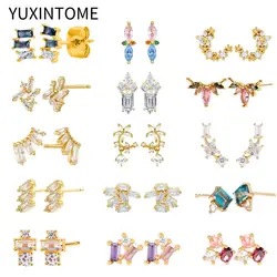 925 Sterling Silver Ear Needle Geometric Crystal Stud Earrings for Women Fashion Flower Piercing Earrings Fine Jewelry Gifts