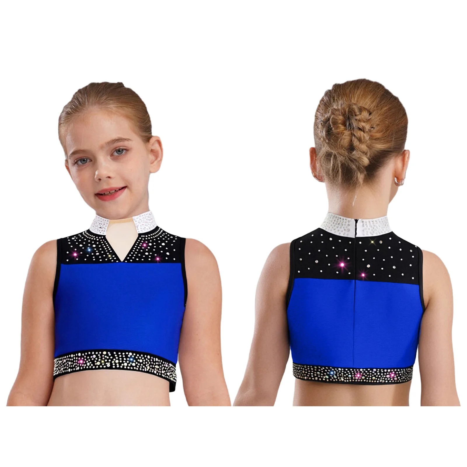 

Girls Lyrical Modern Dance Performance Costume Sleeveless Vest Gymnastics Figure Skating Glittery Rhinestones Crop Top Dancewear