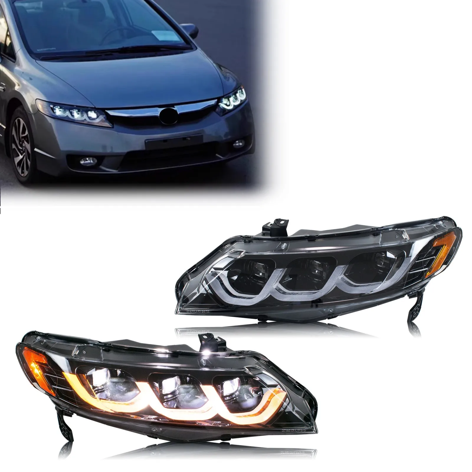 

Светодиодные фары для Honda Civic 8-го поколения 2006-2011 (седан), с ДХО, проектором и последовательным сигналом поворота, передние фары в сборе [не подходят для купе]