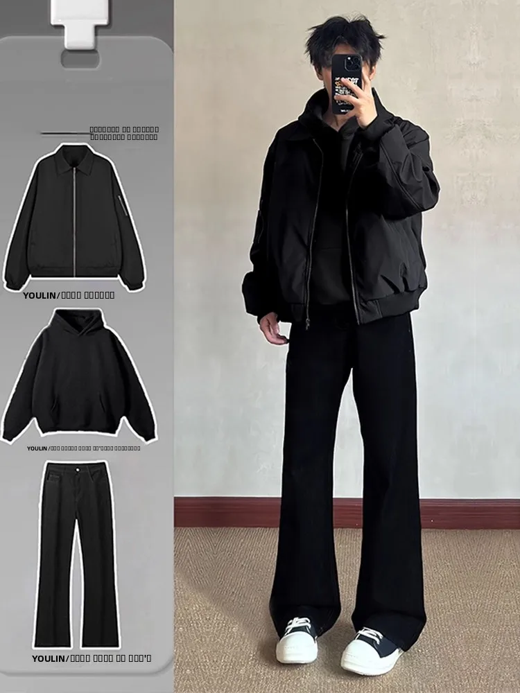 

American Sle Flight Jaet Outerwear for Men ort Sweatirt Bla Bell Bot Jeans Ootd Matching Set Youth Faion