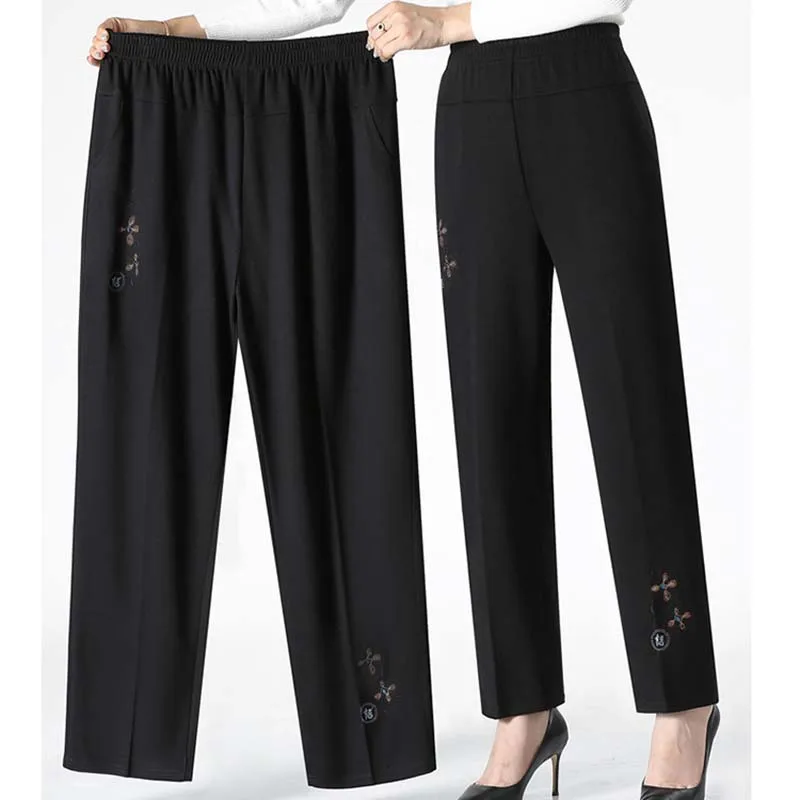 Middle Aged Women's Casual Pants 2023 New Embroidered High Waist Elastic Straight Pants Loose Oversize Female Long Pants 7XL 8XL