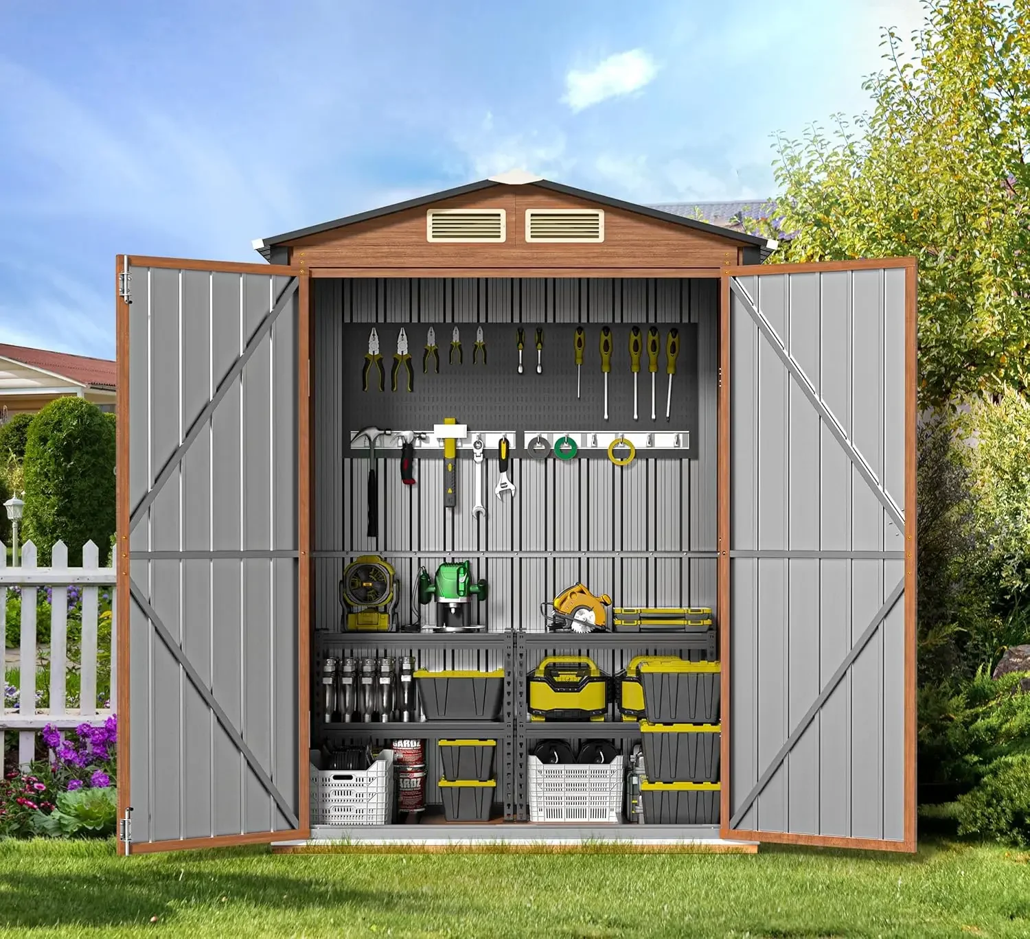 

Outdoor Storage Shed, Lockable Door, Vertical Outside Storage Building for Garden, Backyard, Lawn, Patio Utility, Tool Storage