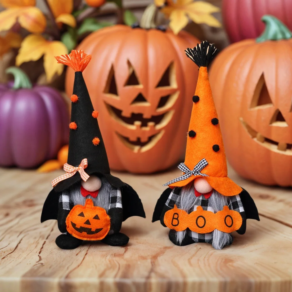 2 Stück Halloween Gesichtsloser Gnom-Elf Plüschtier mit Kürbis & Fledermausflügeln Tischdekoration Feiertagsgeschenk