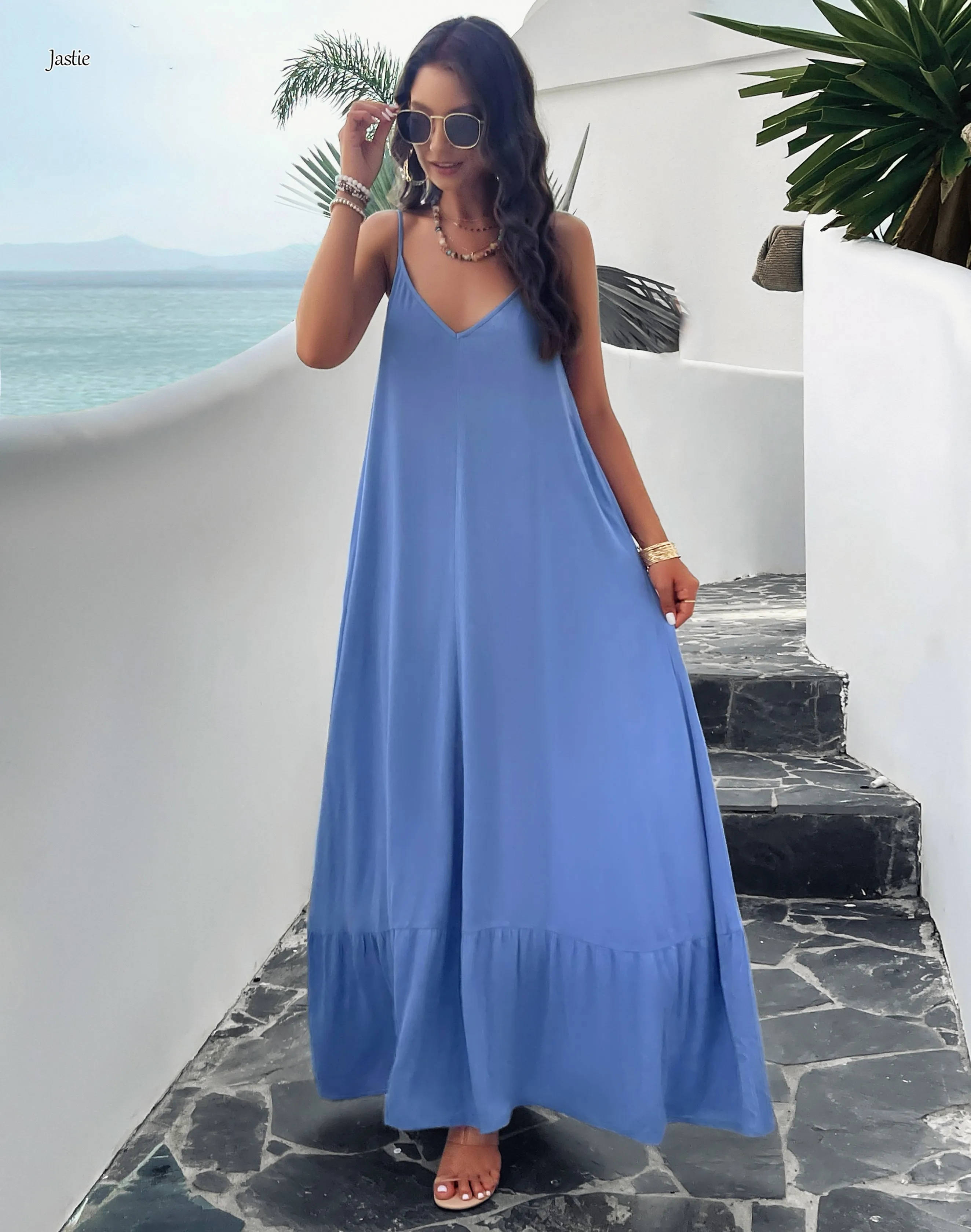 

Jastie 2024 Summer Sleeveless V-Neck Sexy Beach Long Dresses Bohemian Style Solid Color Suspender Dress Vacation Female Vestidos