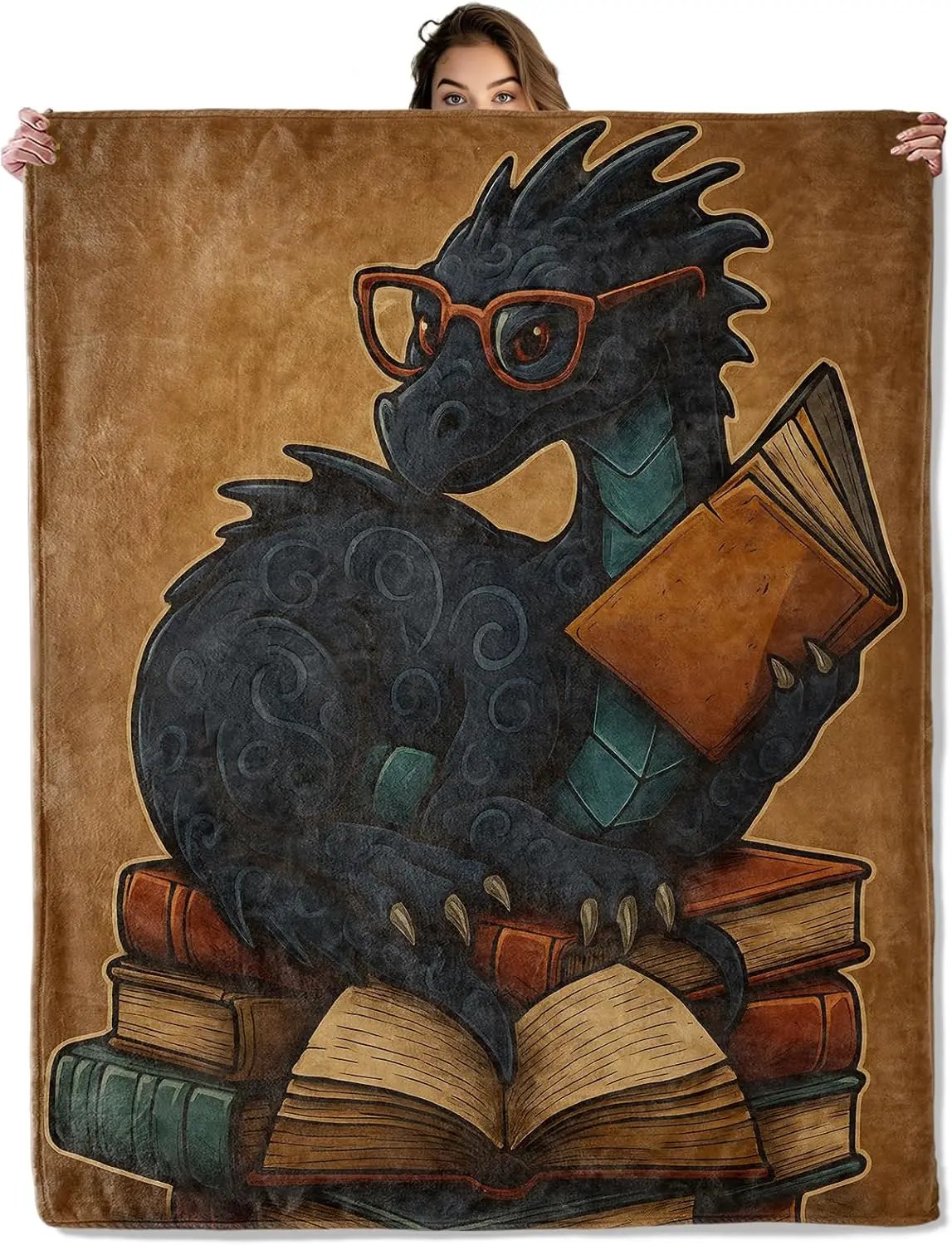 Cozy Dragon Bookworm Throw Blanket Polyester Fleece Fabric Sofa Living Room Home Decor Fantasy Gift Academic Reading Nook Illust