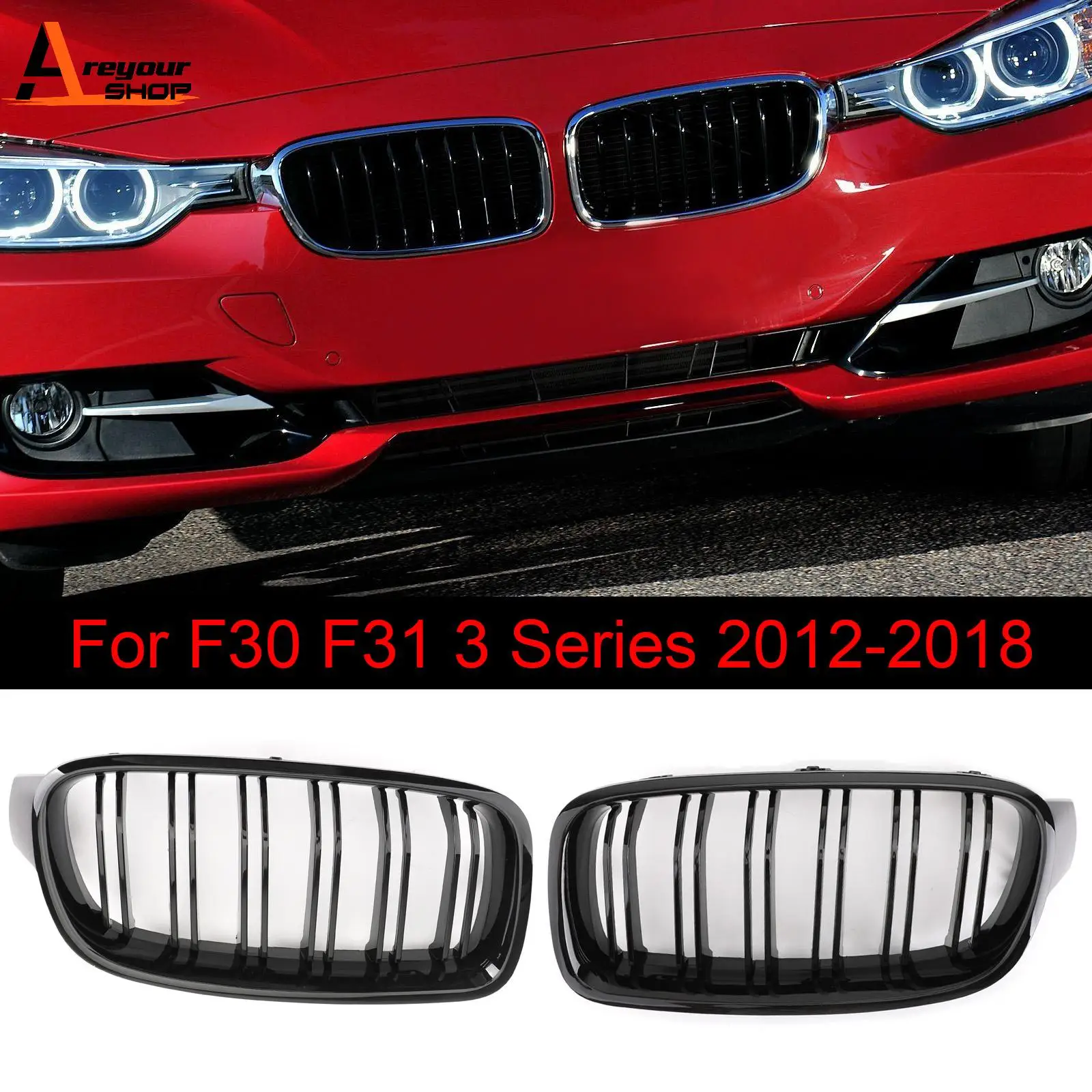 Areyourshop Gloss Black Front Kidney Grille for BMW 3 Series F30 F35 2012 2013 2014 2015 2016 2017 Dual Slats