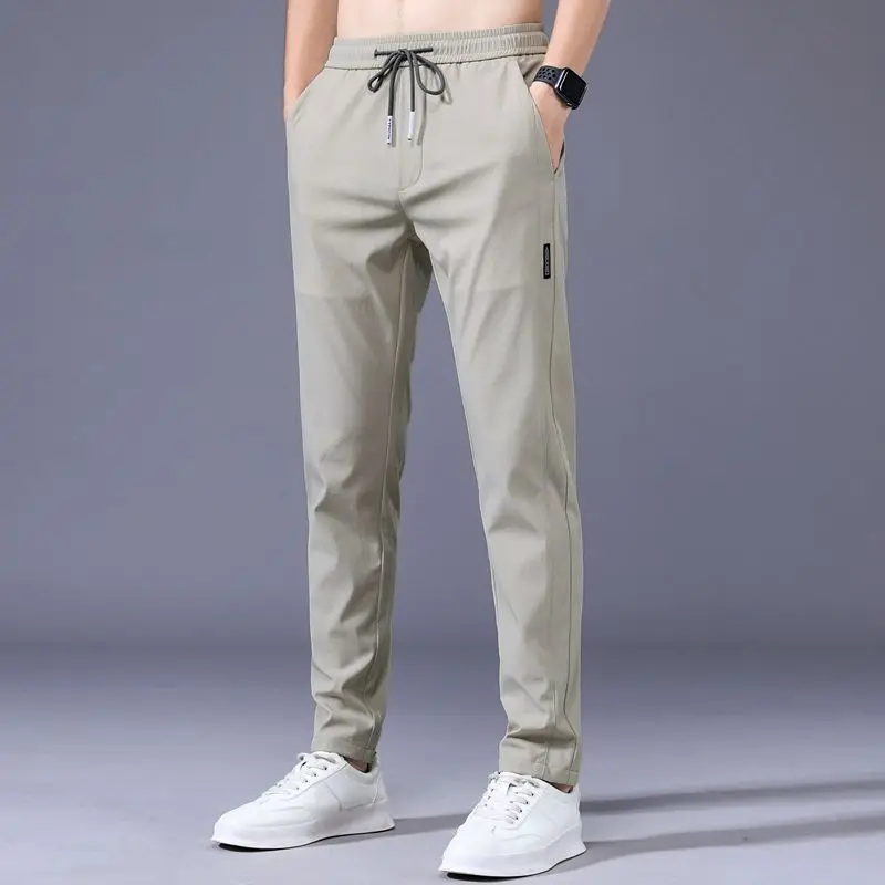 

Men's Light Gray Elastic Waist Drawstring Pants Quick Dry Slim Fit Straight Leg Casual Trousers