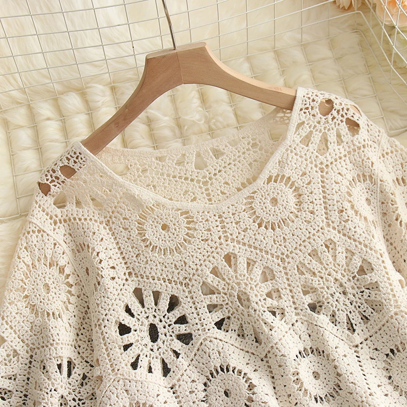 Summer Short sleeved Knitted Shirt Women Hollow out Sheer Blouse Vintage Crochet Crop Tops