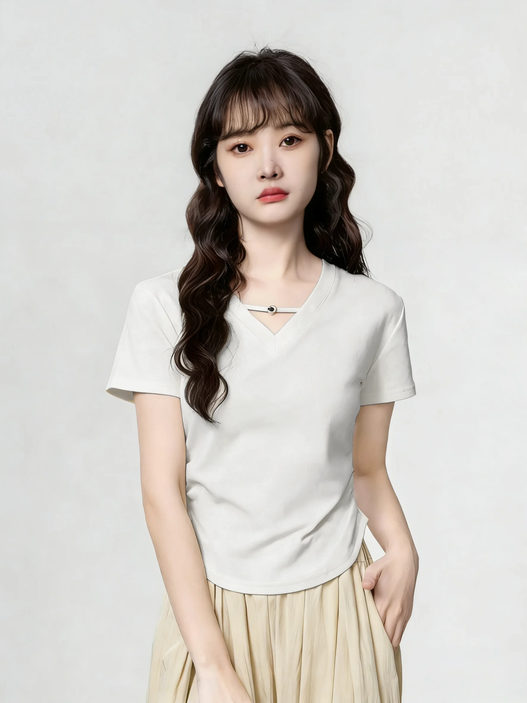 Slim Fit Hollow out V-Neck Short Sleeve T-Shirt 95 Cotton Black Summer Women's New plus Size Waist Cinching Pleated Regular L...