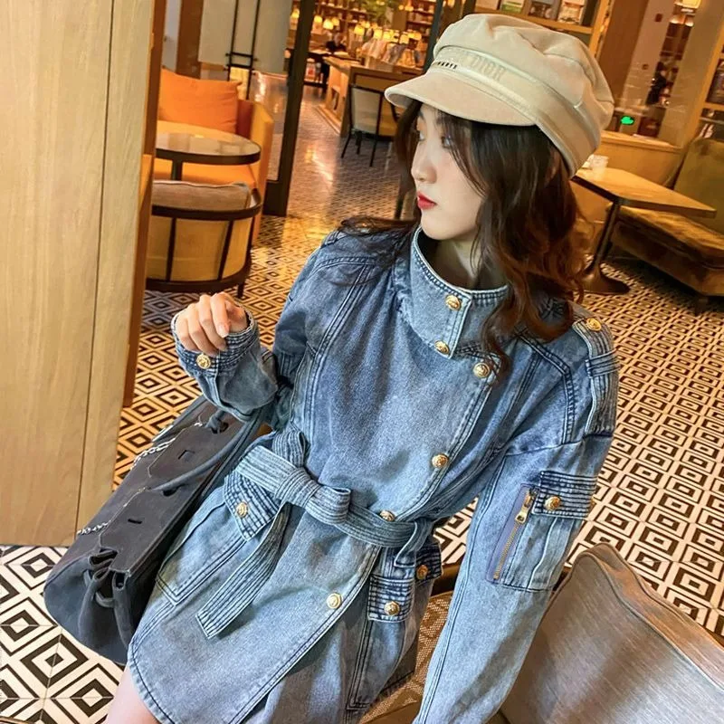 Design Sense Fried Street Retro Denim Jacket Autumn Style Temperament Versatile Waist Thin Medium and Long Tooling Trench Coat