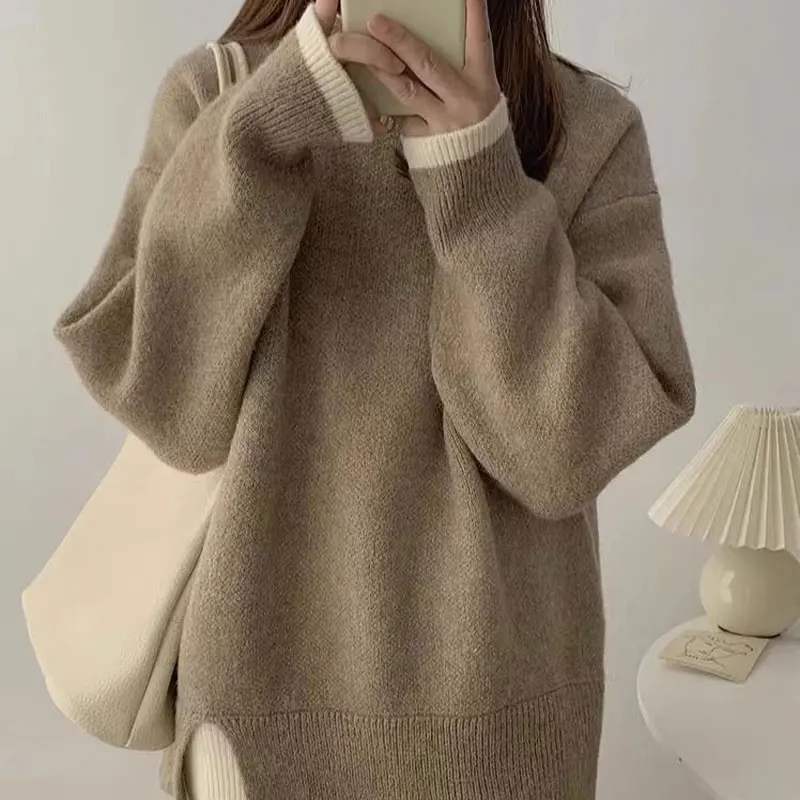 Fake Two Pieces Vintage Sweaters Autumn Winter Loose O-Neck Female Clothing Patchwork Basic Casual Long Sleeve Knitted Jumpers