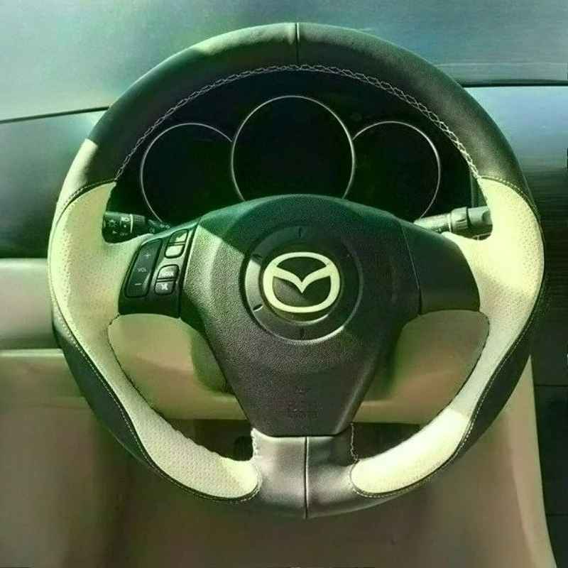 غطاء عجلة قيادة السيارة مصنوع يدويًا ومقاوم للاهتراء وغير قابل للانزلاق من الجلد الأسود لسيارة مازدا 6 ومازدا 3 ومازدا 5