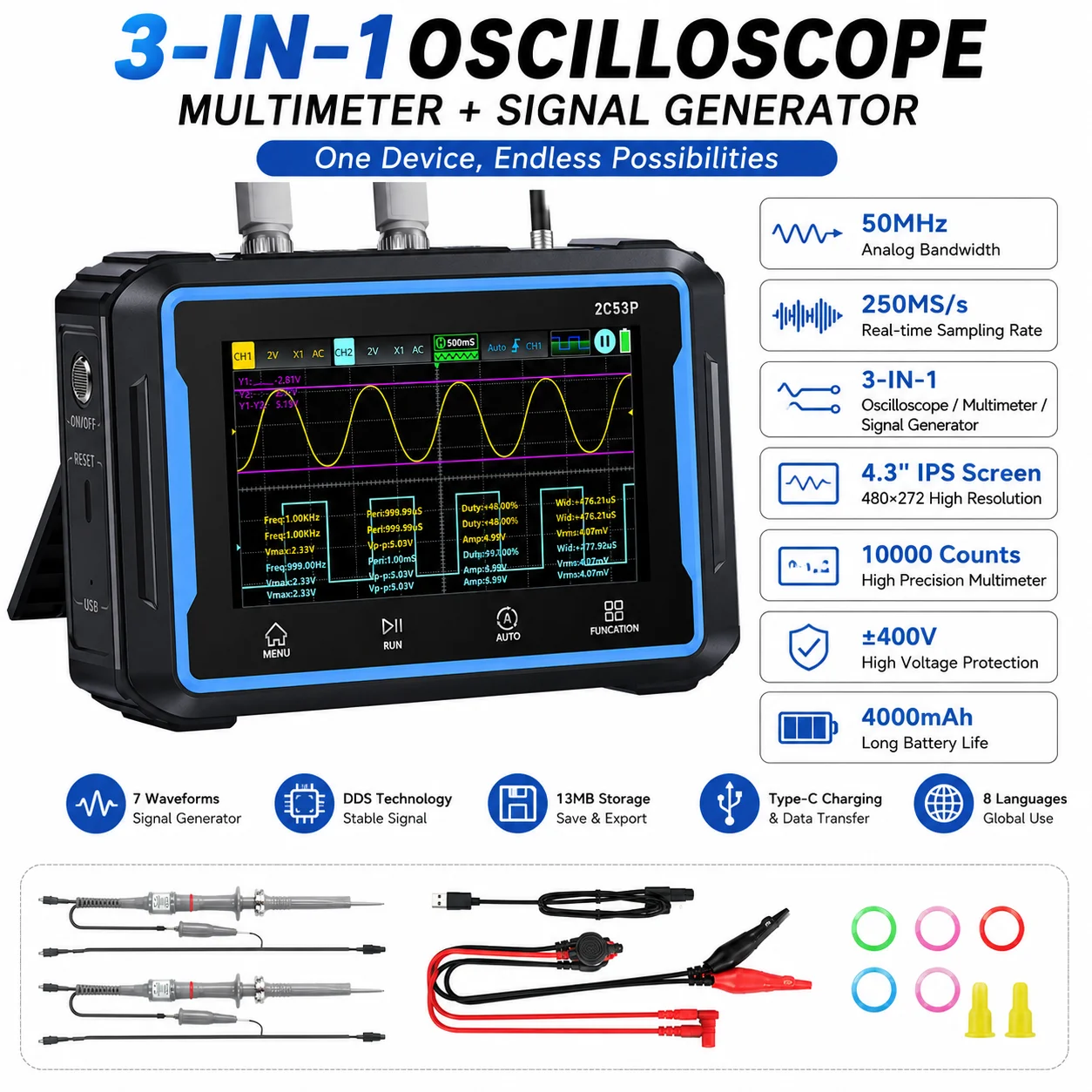 Diy Electronics Lab - Dual Channel Oscilloscoop Multimeter Signaalgenerator 250MSa
