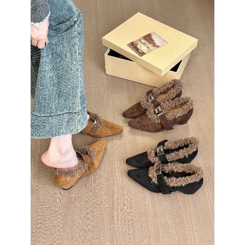 

Winter Fashion Versatile Shoes Women Retro Buckle Plush Shallow Mouth Shoes for Women Pointed Warm Comfortable Hairy Flat Shoes