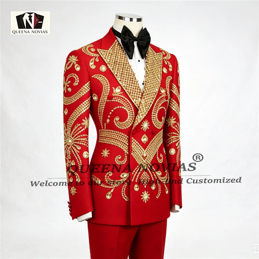 Customized Men Suits For Groom Intricate Gold Crystal Beading Design Male Wedding Party Glitter Slim Blazer 2 Pieces Set Tuxedos