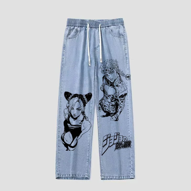 

Jojo's Adventure Anime Cowboy Loose Fit Jeans mid Waist Belted Youthful Energy Style Casual Loose Leggings for Teens And Stud...