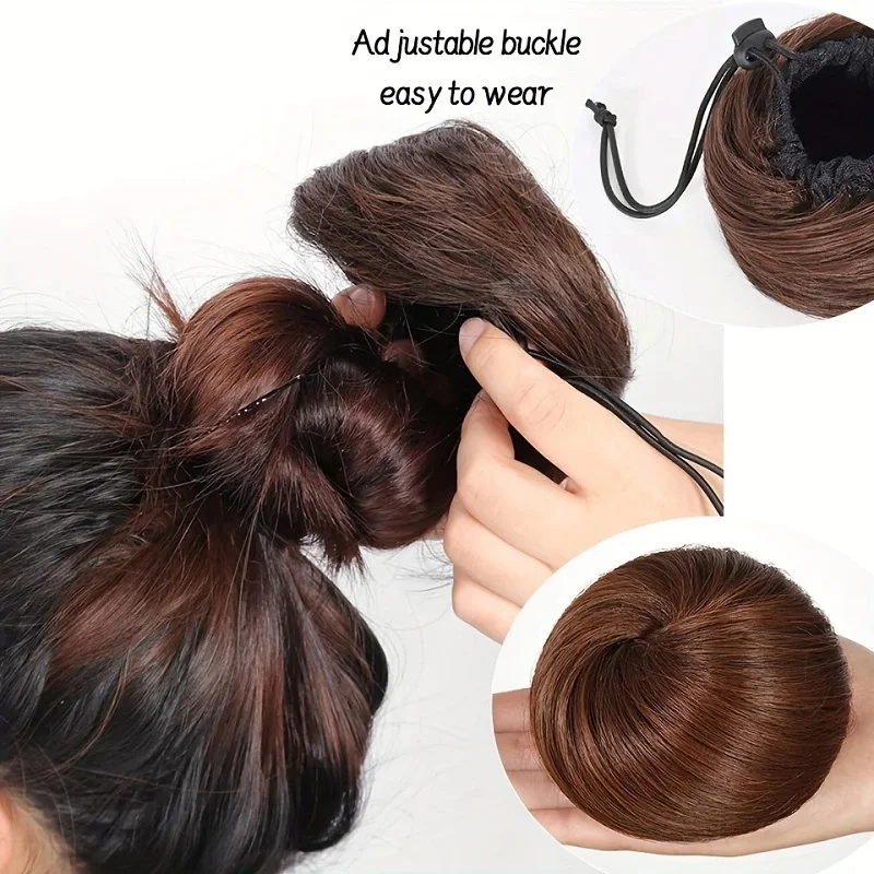 Synthetic Short Straight Hair Bun Chignon Clip in Hair Extension Black Brown Hairpiece for Women