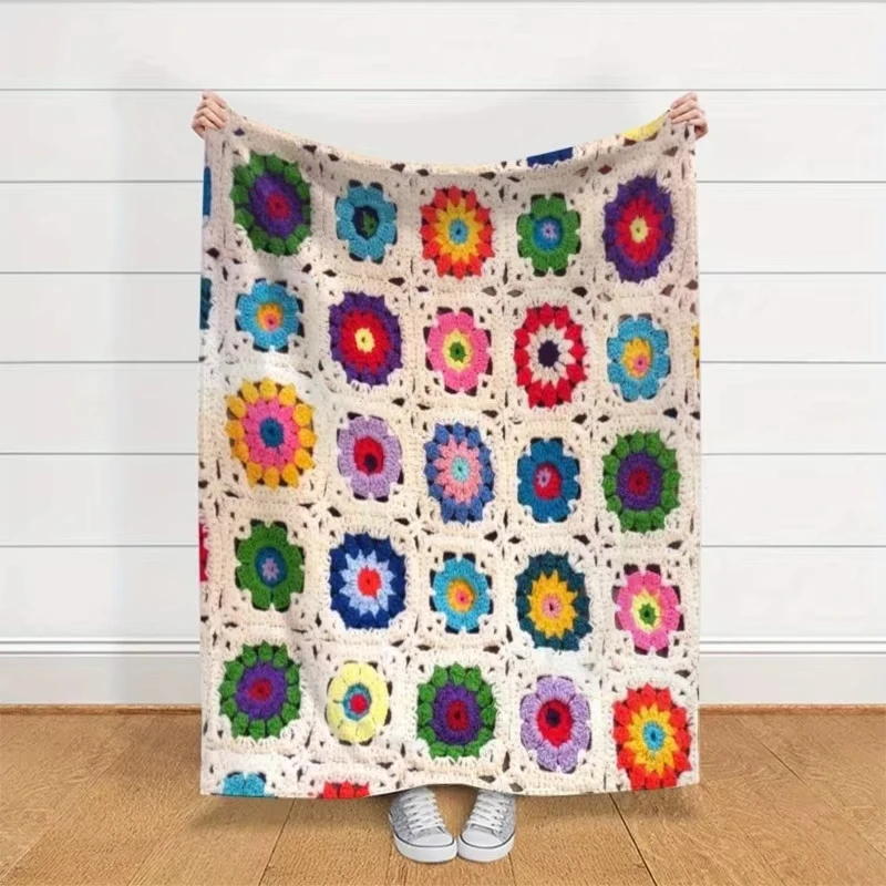 Boho Crochet Flower Blanket Throw All-Season Sofa Bed Office Travel Home Decor with Floral Bed Cover Throw Travel Essentials