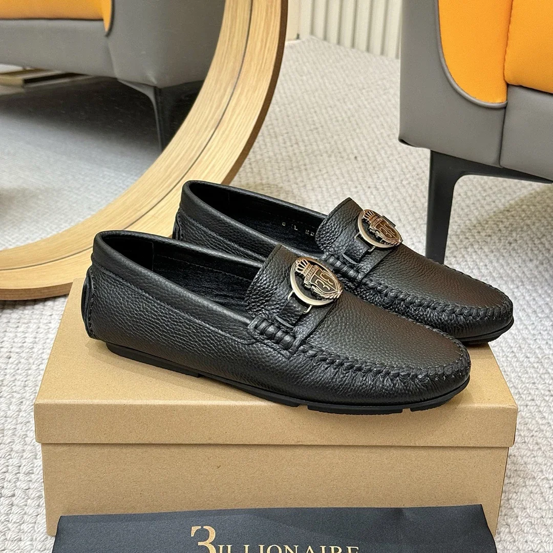 BILLIONAIRE BLLIYOSS Men Shoes Lychee Patterned Calf Leather Comfort High-Quality outdoor European Metal OLD MONEY Newly rich