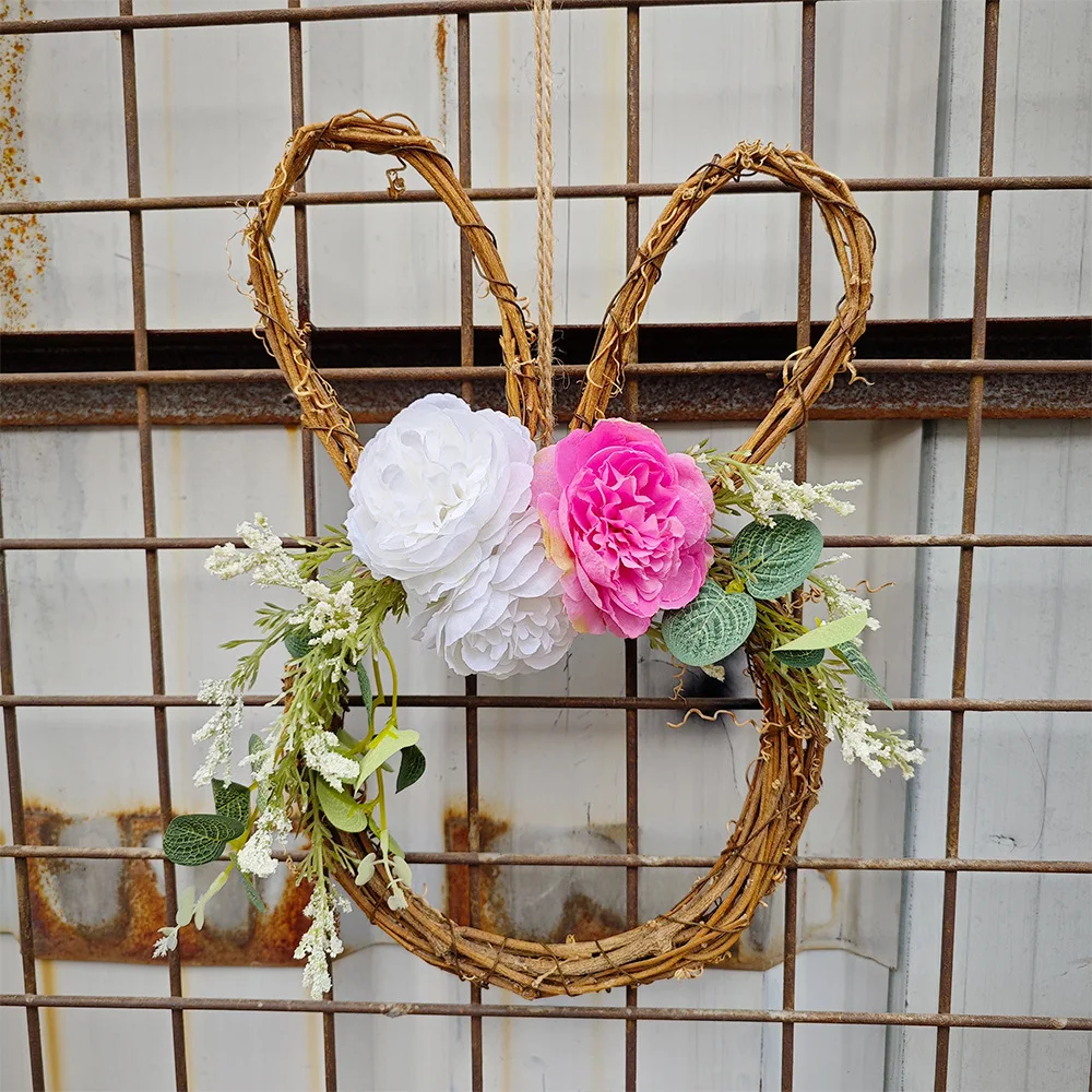 2024 Easter Bunny Flower Wreath Spring Summer Simulation Flower Wreath Festival Home Door Hanging Decoration Garland 32*22cm