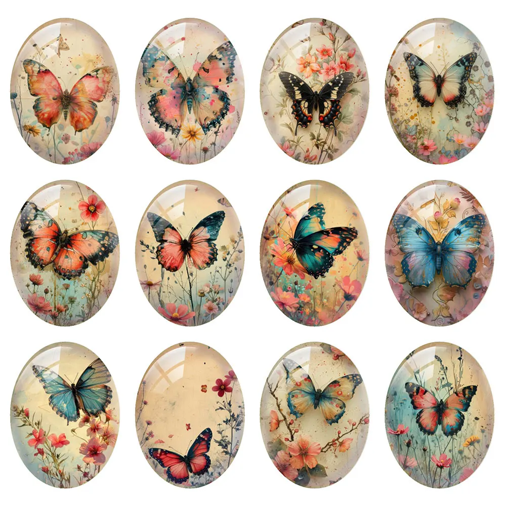Random Mixed Round/Oval/Square Flower Fling Butterflies Plants Photo Glass Cabochon Flatback Demo Cameo For Diy Jewelry Making