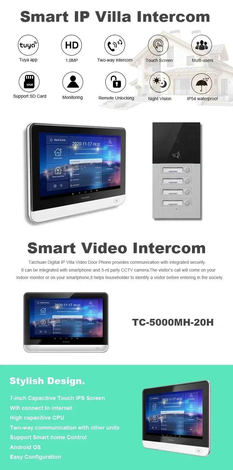 Tuya Villa Doorphone Multi apartment Ip Video Intercom With Wifi 4 Apartments Video Interphone Security Wifi Intercom System