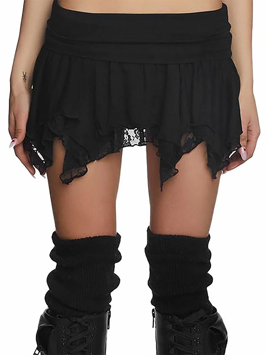 Women Y2K Lace Mini Skirt Low Rise Layered Ruffle Hem Black Chic Mini Skirt Lingerie Short Skirts Fairycore Skirt Streetwear