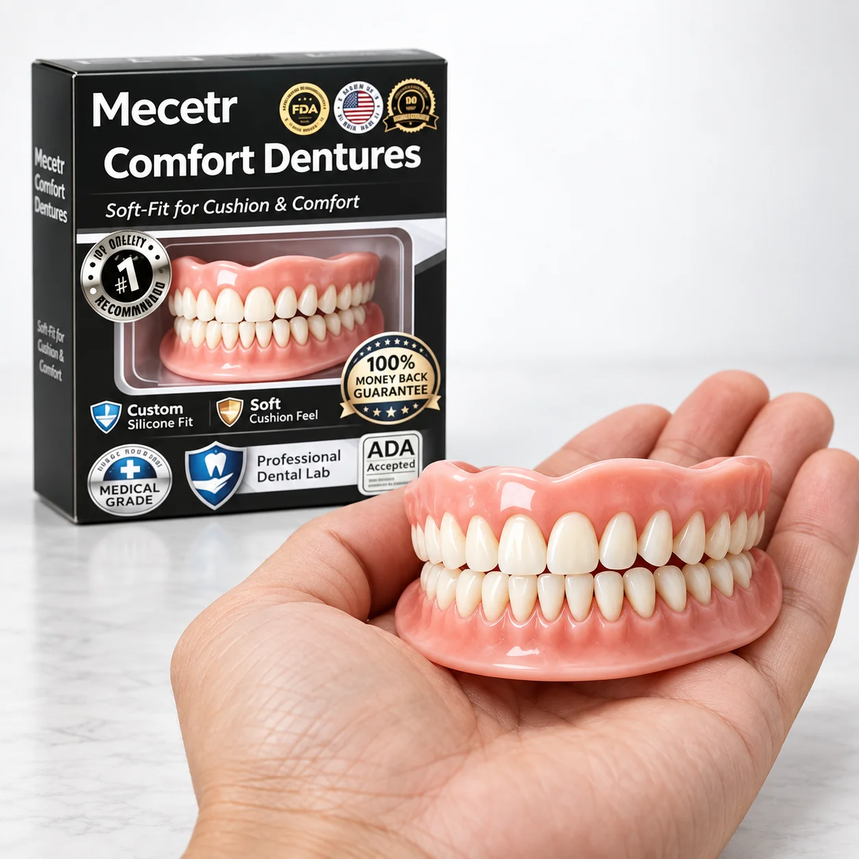 Mecetr Comfort Dentures Custom Silicone Fit Soft Cushion Feel Comfortable False Teeth Natural Looking For Smile Restoration