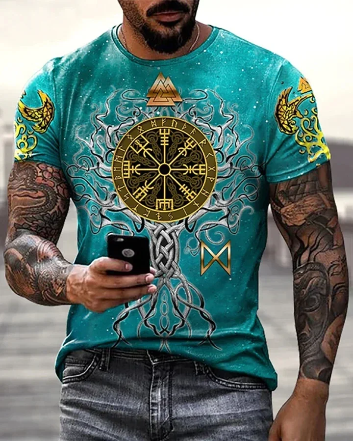 

2023 Summer Men's Printed Casual Crew Neck Short Sleeve T-Shirt Viking Tattoo Life Tree 3D Printed T Shirt