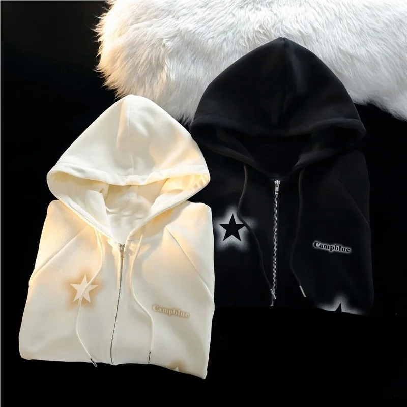 뉴 레트로 그래피티 스타 프린트 후드 지퍼 코트 컬렉션 봄 가을 캐주얼 패션 트렌드 다용도 레이지 윈드