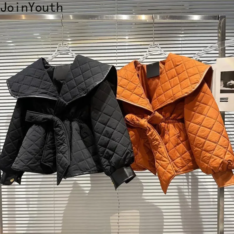 Winter Parkas Chic Streetwear Jackets Women Slim Waist Bandage Crop Tops Chic Sailor Thicked Warm Coat Parkasdoradas De Mujer