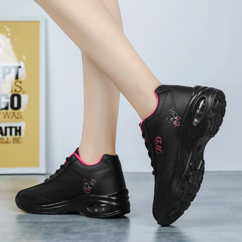 Womens Wakling Shoes Air Cushion Lightweight Tennis Shoe for Ladies PU Comfortable Lace-up Casual Footwear Increasing Height