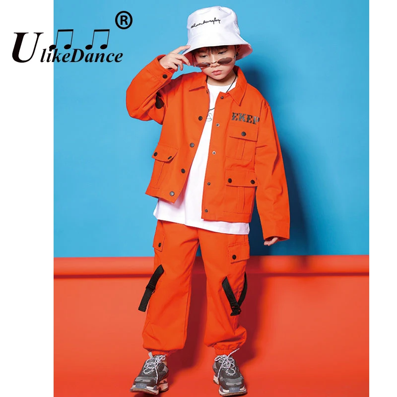 Kids Jazz Costumes Orange Long Sleeve Jacket Pants Girls Street Dance Clothes Boy Hip Hop Outfits Children Modern Dancewear Kpop